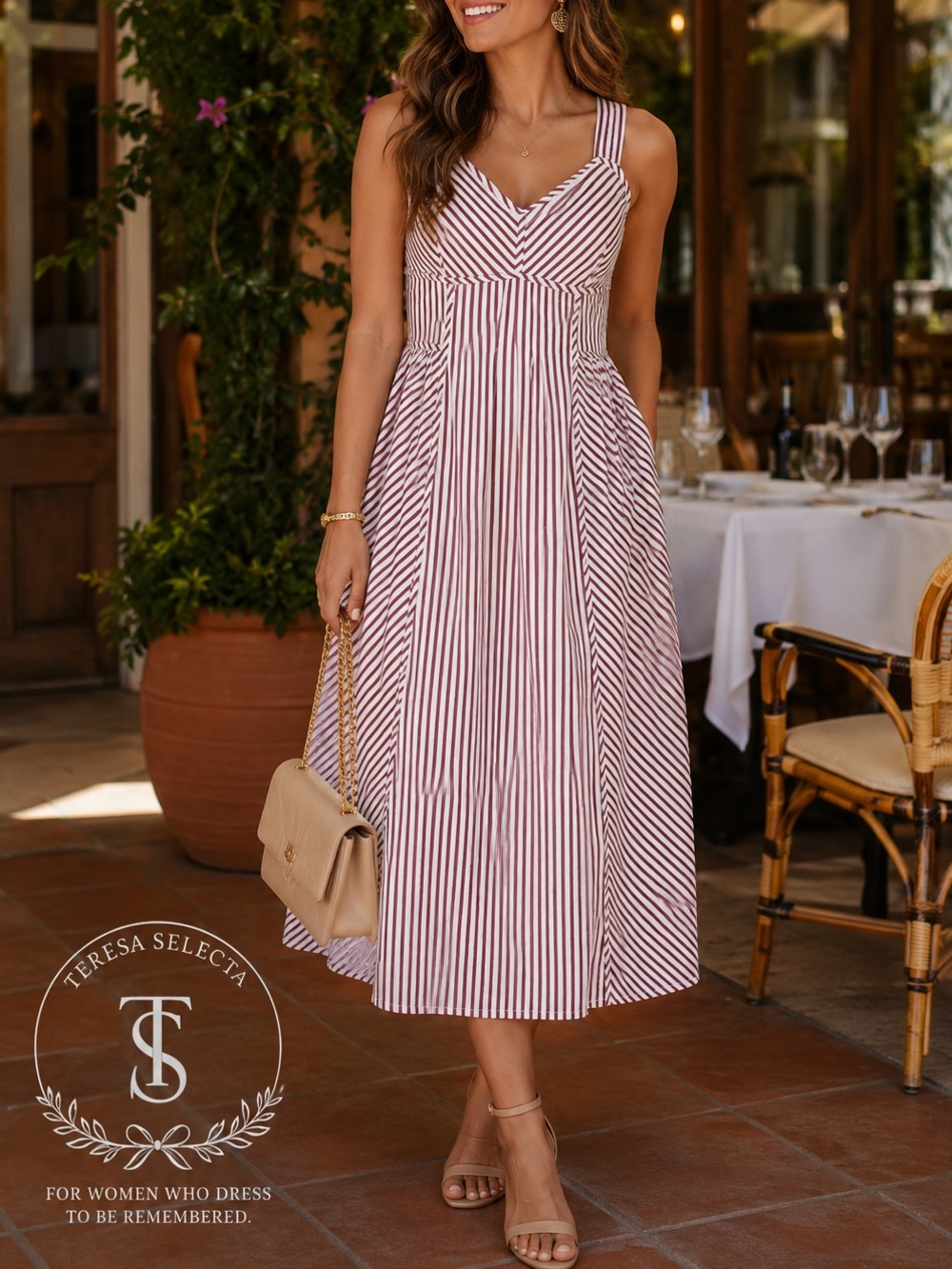 NWT Moon Orchid Striped Cotton Midi Dress Burgundy White Smocked Back Size S